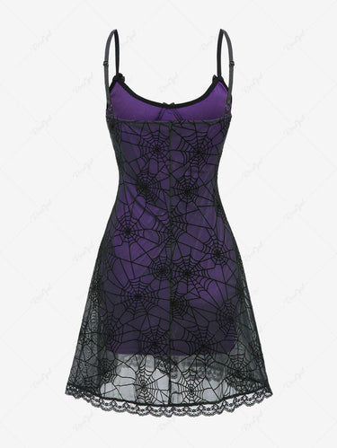 Gothic Spider Web Mesh Flocking Overlay Layered Lace Trim Sexy A Line Cami Dress