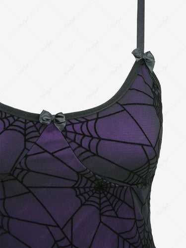 Gothic Spider Web Mesh Flocking Overlay Layered Lace Trim Sexy A Line Cami Dress