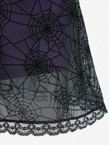Gothic Spider Web Mesh Flocking Overlay Layered Lace Trim Sexy A Line Cami Dress
