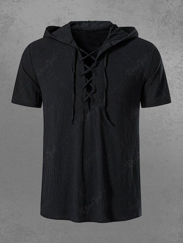 Gothic 100% Cotton Solid Lace Up Pullover Hooded Shirt For Men