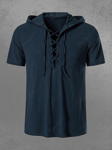 Gothic 100% Cotton Solid Lace Up Pullover Hooded Shirt For Men