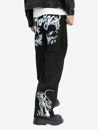 Gothic Punk Hip Hop Style Skull Rose Flower Letter Print Pocket Denim Pants For Men