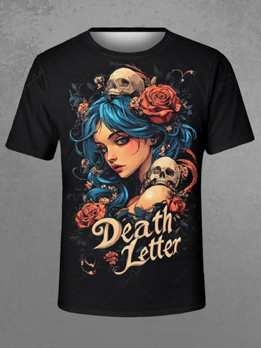 Gothic Plus Size Skull Rose Flower Letters Girl Print T-shirt For Men