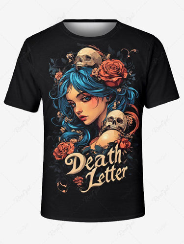 Gothic Plus Size Skull Rose Flower Letters Girl Print T-shirt For Men