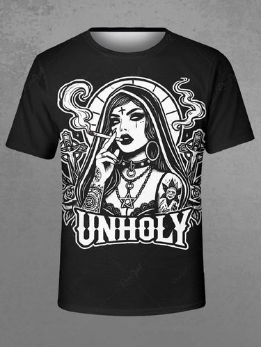 Gothic Plus Size Cool Girl Smoke Cross Letters Print T-shirt For Men