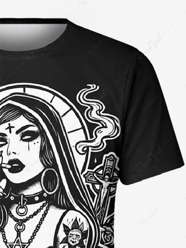 Gothic Plus Size Cool Girl Smoke Cross Letters Print T-shirt For Men