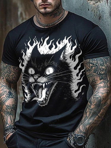 Gothic Plus Size Scared Cat Fire Flame Print T-shirt For Men