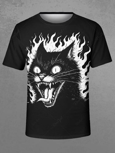 Gothic Plus Size Scared Cat Fire Flame Print T-shirt For Men