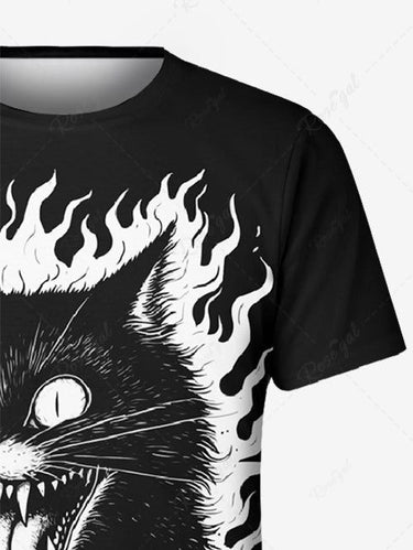 Gothic Plus Size Scared Cat Fire Flame Print T-shirt For Men