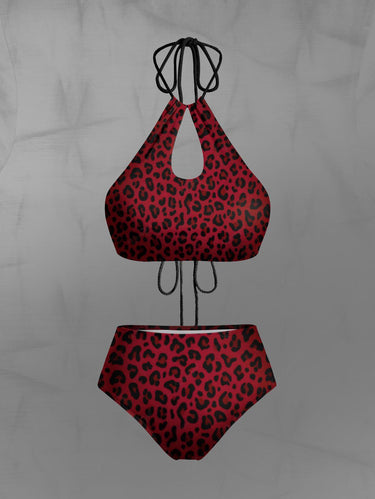 Gothic Leopard Print Hollow Out Halter Backless Tankini Swimsuit