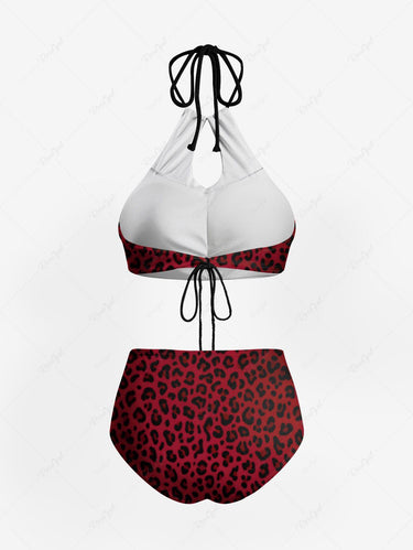 Gothic Leopard Print Hollow Out Halter Backless Tankini Swimsuit