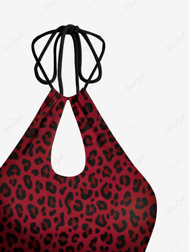 Gothic Leopard Print Hollow Out Halter Backless Tankini Swimsuit