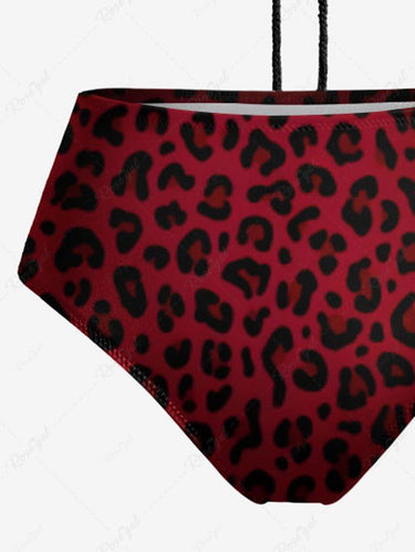 Gothic Leopard Print Hollow Out Halter Backless Tankini Swimsuit