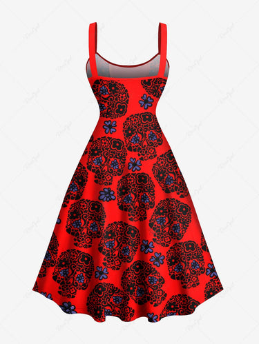 Gothic Plus Size Skull Floral Print Lace Up A Line Tank Dress