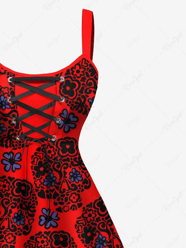 Gothic Plus Size Skull Floral Print Lace Up A Line Tank Dress
