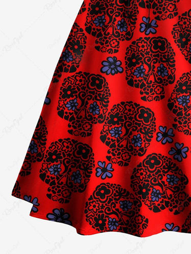 Gothic Plus Size Skull Floral Print Lace Up A Line Tank Dress