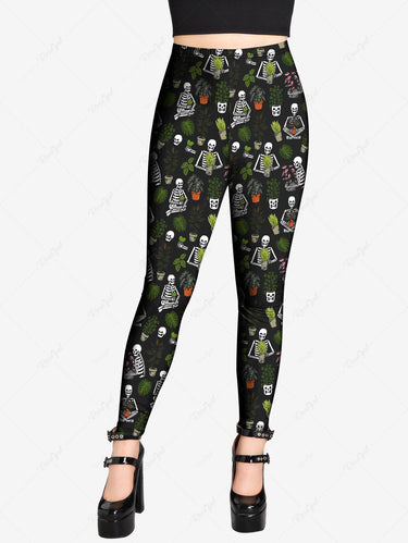 Gothic Plus Size Skeleton Tropical Leaves Plant Print Hawaii Skinny Leggings