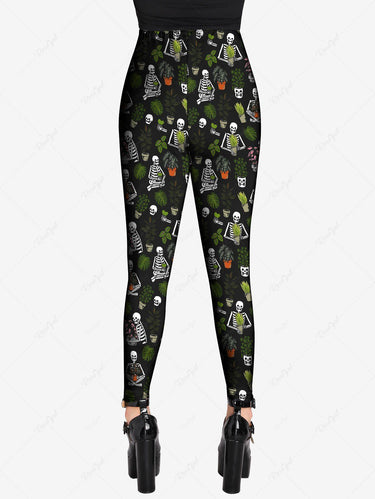 Gothic Plus Size Skeleton Tropical Leaves Plant Print Hawaii Skinny Leggings