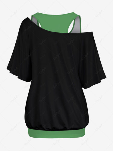 Gothic Plus Size Solid Racerback Tank Top and Tropical Leaves Ghost Printed T-shirt Set