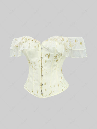 Gothic Star Moon Gilding Embroidered Ruffles Lace Up Back Functional Corset