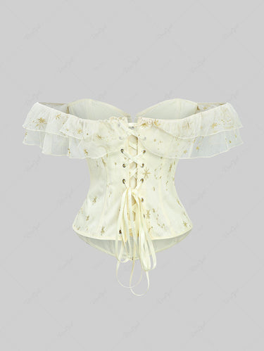 Gothic Star Moon Gilding Embroidered Ruffles Lace Up Back Functional Corset