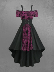 Gothic Cold Shoulder Floral Butterfly Flocking Lace Up Corset High Low Asymmetric Dress
