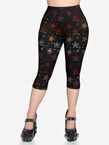 Gothic Plus Size Colorful Stars Print Pocket Capri Leggings