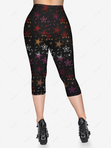Gothic Plus Size Colorful Stars Print Pocket Capri Leggings