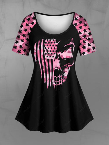 Gothic Plus Size Skull Patriotic American Flag Print Raglan Sleeve T-shirt