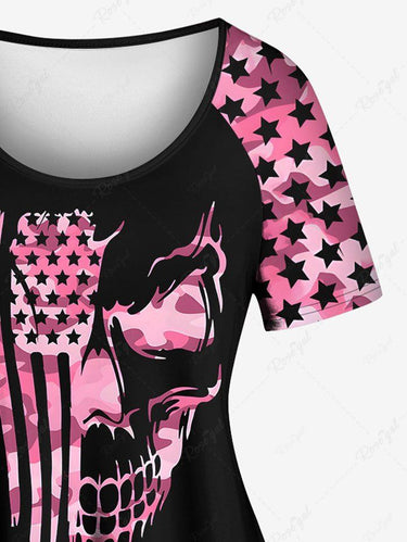 Gothic Plus Size Skull Patriotic American Flag Print Raglan Sleeve T-shirt