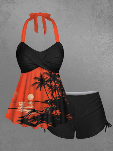 Gothic Coconut Tree Skeleton Sea Beach Sun Dusk Print Hawaii Twist Halter Tankini Swimsuit