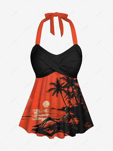 Gothic Coconut Tree Skeleton Sea Beach Sun Dusk Print Hawaii Twist Halter Tankini Swimsuit