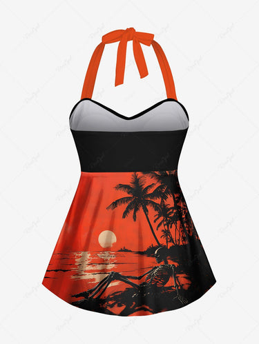 Gothic Coconut Tree Skeleton Sea Beach Sun Dusk Print Hawaii Twist Halter Tankini Swimsuit