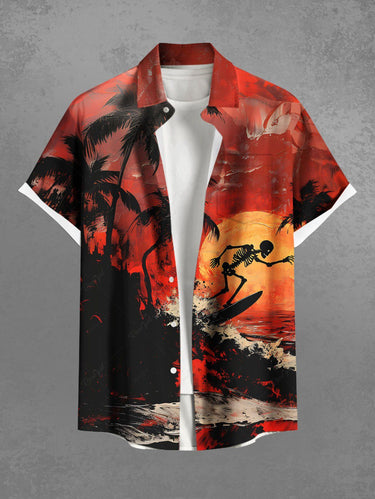 Gothic Plus Size Coconut Tree Sea Waves Skeleton Surfer Sun Print Hawaii Button Pocket Shirt For Men