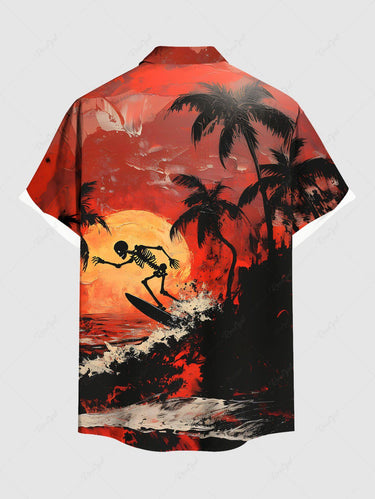 Gothic Plus Size Coconut Tree Sea Waves Skeleton Surfer Sun Print Hawaii Button Pocket Shirt For Men