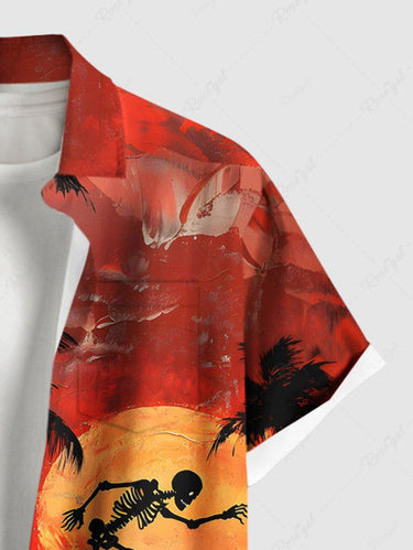 Gothic Plus Size Coconut Tree Sea Waves Skeleton Surfer Sun Print Hawaii Button Pocket Shirt For Men
