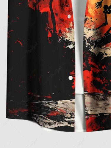 Gothic Plus Size Coconut Tree Sea Waves Skeleton Surfer Sun Print Hawaii Button Pocket Shirt For Men