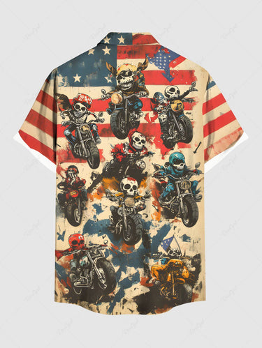 Gothic Plus Size Skull Rider Motorcycle Patriotic American Flag Print Button Pocket Shirt For Men