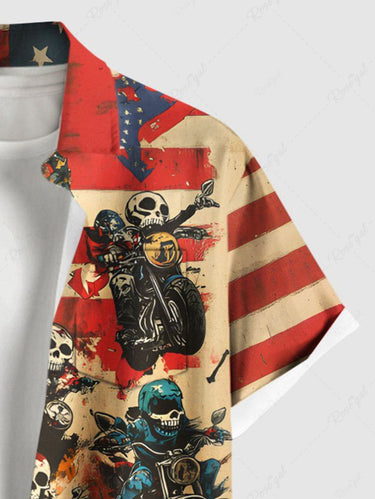 Gothic Plus Size Skull Rider Motorcycle Patriotic American Flag Print Button Pocket Shirt For Men