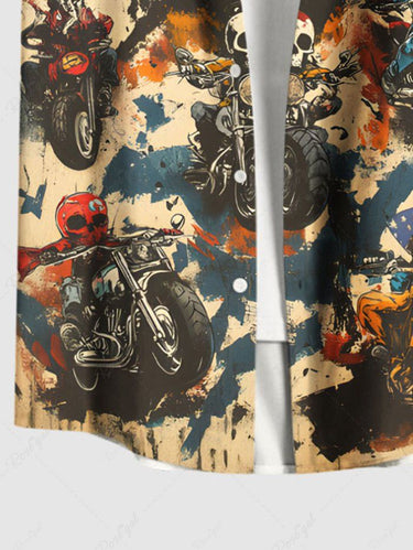 Gothic Plus Size Skull Rider Motorcycle Patriotic American Flag Print Button Pocket Shirt For Men