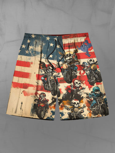 Gothic Plus Size Skull Rider Motorcycle Distressed Patriotic American Flag Printed Drawstring Beach Shorts For Men