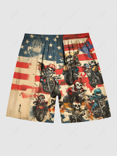 Gothic Plus Size Skull Rider Motorcycle Distressed Patriotic American Flag Printed Drawstring Beach Shorts For Men