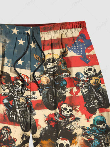 Gothic Plus Size Skull Rider Motorcycle Distressed Patriotic American Flag Printed Drawstring Beach Shorts For Men