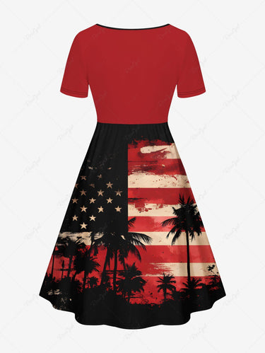 Gothic Plus Size Ink Painting Coconut Tree Patriotic American Flag Print Cinched A Line Dress