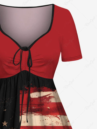 Gothic Plus Size Ink Painting Coconut Tree Patriotic American Flag Print Cinched A Line Dress