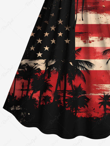 Gothic Plus Size Ink Painting Coconut Tree Patriotic American Flag Print Cinched A Line Dress