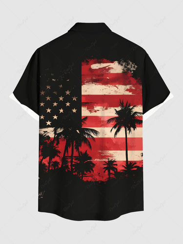 Gothic Plus Size Ink Painting Coconut Tree Patriotic American Flag Print Button Pocket Shirt For Men