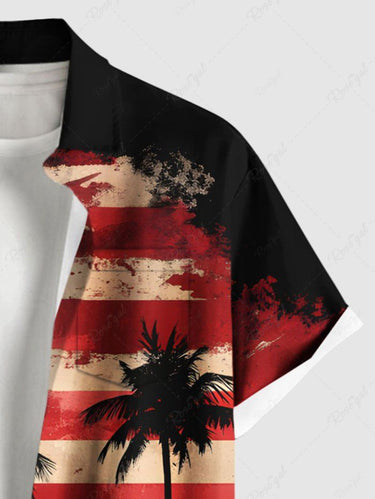 Gothic Plus Size Ink Painting Coconut Tree Patriotic American Flag Print Button Pocket Shirt For Men