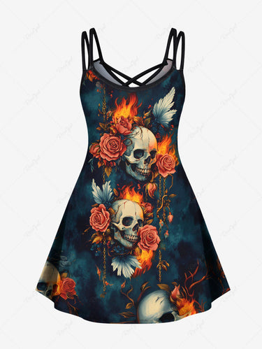 Gothic Plus Size Distressed Skull Rose Flower Fire Flame Print Crisscross A Line Cami Dress