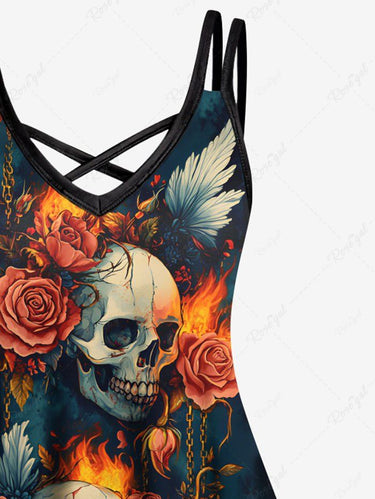 Gothic Plus Size Distressed Skull Rose Flower Fire Flame Print Crisscross A Line Cami Dress